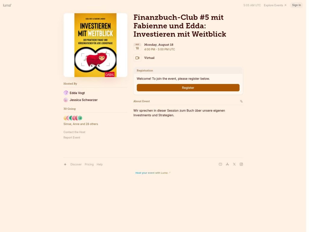 Finanzbuch-Club #5 mit Fabienne und Edda: Investieren mit Weitblick - Investieren mit Weitblick: Von Edda Vogt und Fabienne Lindner - Event screenshot