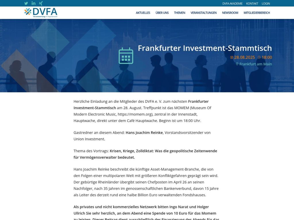 Frankfurter Investment-Stammtisch - Krisen, Kriege, Zolldiktat: Was die geopolitische Zeitenwende für Vermögensverwalter bedeutet - Event screenshot