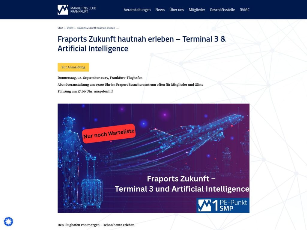Fraports Zukunft hautnah erleben – Terminal 3 & Artificial Intelligence - Den Flughafen von morgen – schon heute erleben. - Event screenshot