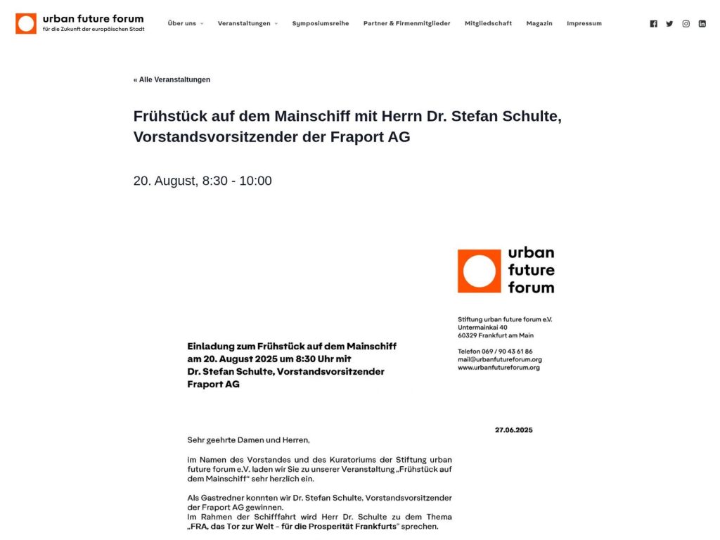 Frühstück auf dem Mainschiff mit Herrn Dr. Stefan Schulte, Vorstandsvorsitzender der Fraport AG - FRA, das Tor zur Welt - für die Prosperität Frankfurts - Event screenshot