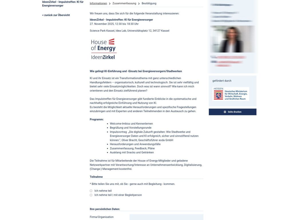 IdeenZirkel-Impulstreffen: KI für Energieversorger - Wie gelingt KI-Einführung und -Einsatz bei Energieversorgern/Stadtwerken - Event screenshot