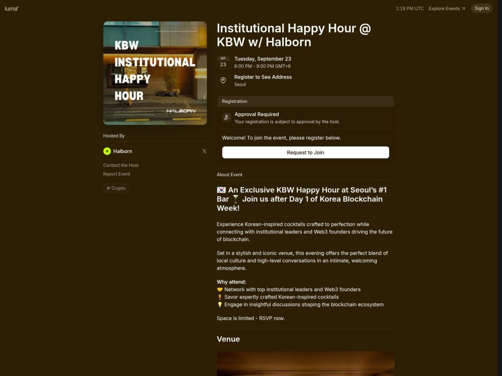 Institutional Happy Hour @ KBW w/ Halborn - ​🇰🇷 An Exclusive KBW Happy Hour at Seoul’s #1 Bar 🍸 Join us after Day 1 of Korea Blockchain Week! - Event screenshot