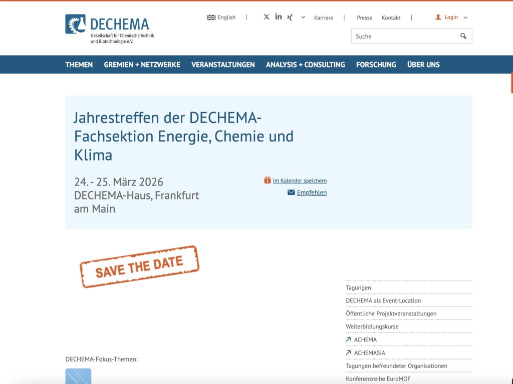 Jahrestreffen der DECHEMA-Fachsektion Energie, Chemie und Klima website