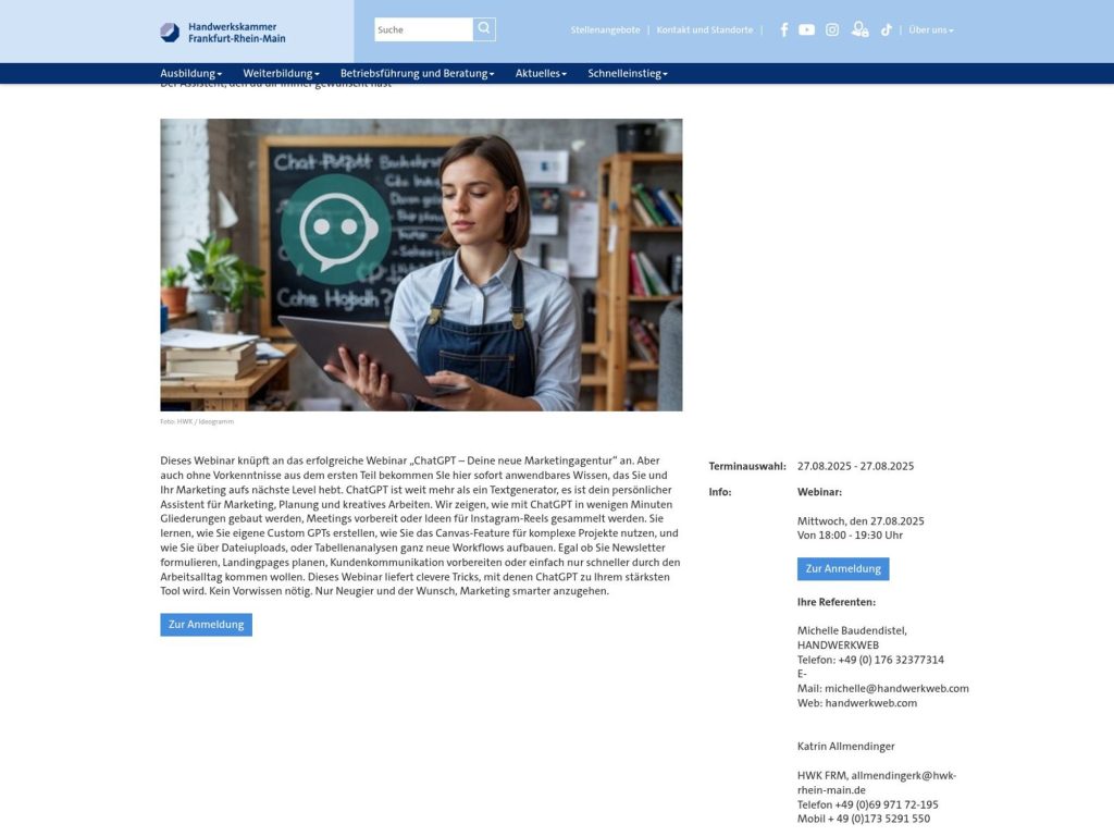 Marketinggeheimwaffe: Was ChatGPT wirklich kann - Cybersicherheitstag für Handwerksbetriebe in der Handwerkskammer Frankfurt-Rhein-Main - Event screenshot