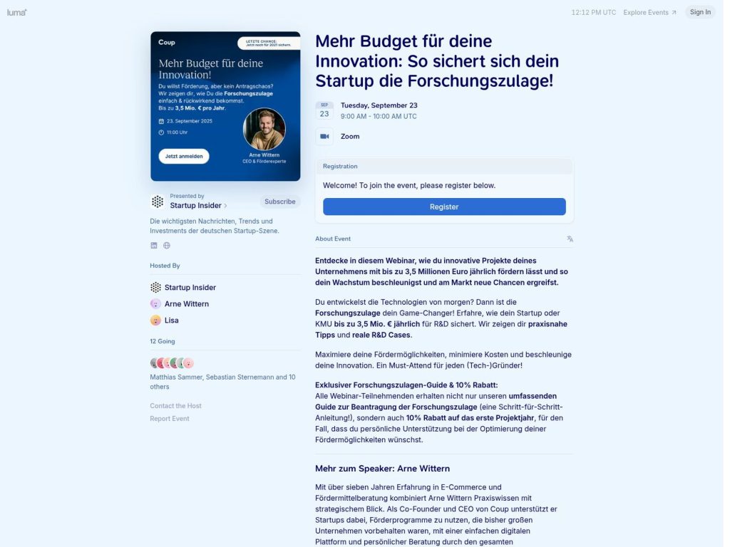 Mehr Budget für deine Innovation: So sichert sich dein Startup die Forschungszulage! - Event screenshot