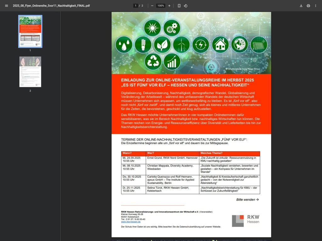 Nachhaltigkeit & Kreislaufwirtschaft ganzheitlich gedacht – von der Notwendigkeit zur Alleinstellung - Es ist fünf vor elf - Hessen und seine Nachhaltigkeit - Event screenshot