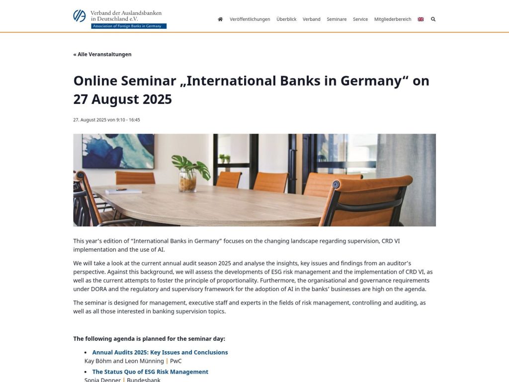 Online Seminar: International Banks in Germany - This edition has a focus on the changing landscape regarding supervision, CRD VI implementation and the use of AI - Event screenshot