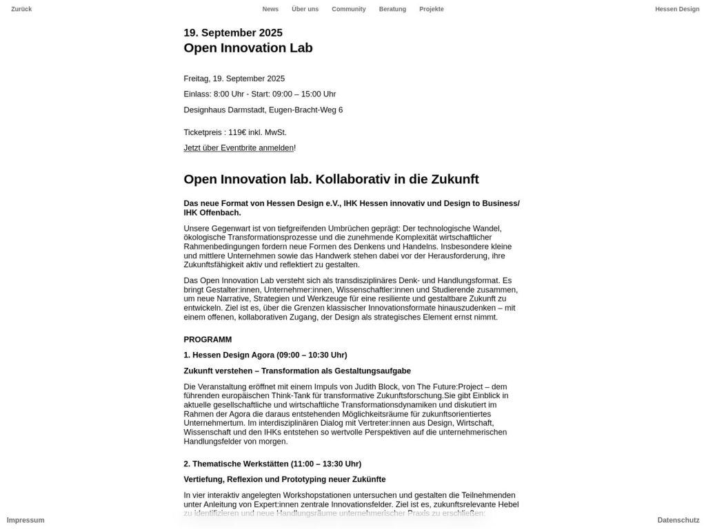 Open Innovation lab. Kollaborativ in die Zukunft - Das neue Format von Hessen Design e.V., IHK Hessen innovativ und Design to Business/ IHK Offenbach - Event screenshot