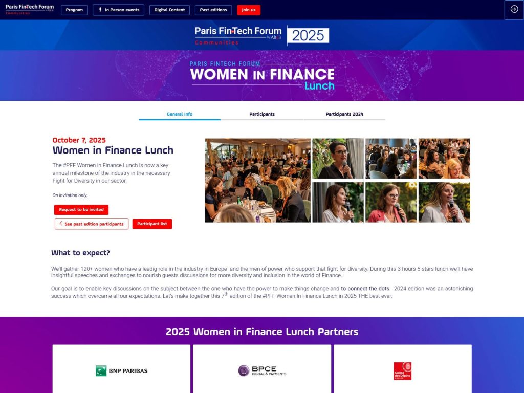 Paris FinTech Forum: Women in Finance Lunch - The #PFF Women in Finance Lunch is now a key annual milestone of the industry in the necessary Fight for Diversity in our sector. - Event screenshot
