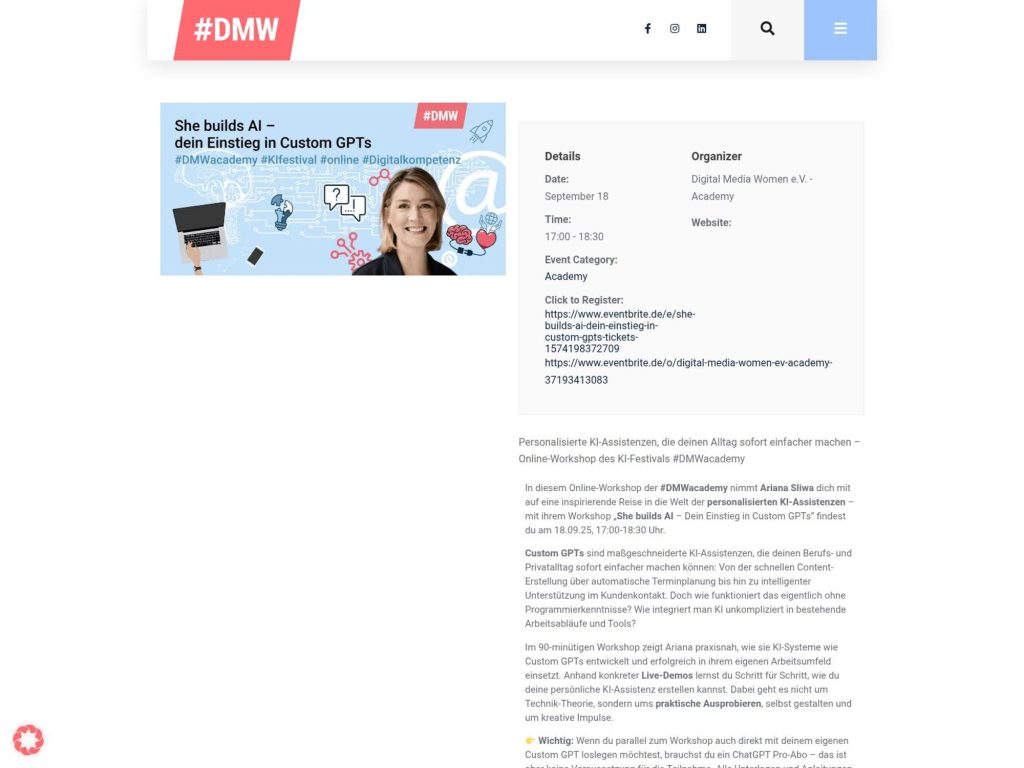She builds AI – dein Einstieg in Custom GPTs - Personalisierte KI-Assistenzen, die deinen Alltag sofort einfacher machen - Online-Workshop des KI-Festivals - Event screenshot