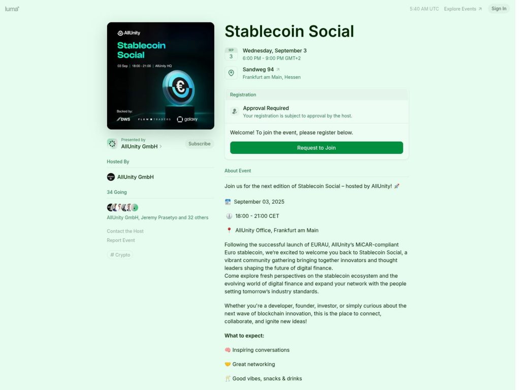 Stablecoin Social - Join us for the next edition of Stablecoin Social – hosted by AllUnity! 🚀 - Event screenshot