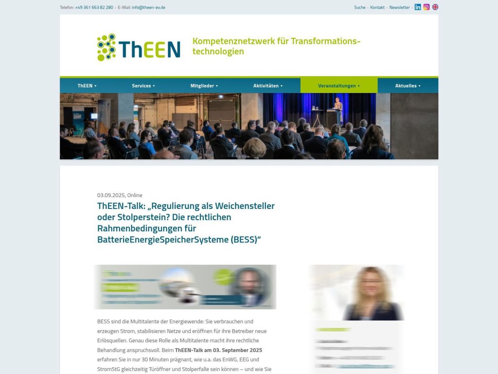 ThEEN-Talk: Regulierung als Weichensteller oder Stolperstein? - Die rechtlichen Rahmenbedingungen für BatterieEnergieSpeicherSysteme (BESS) - Event screenshot