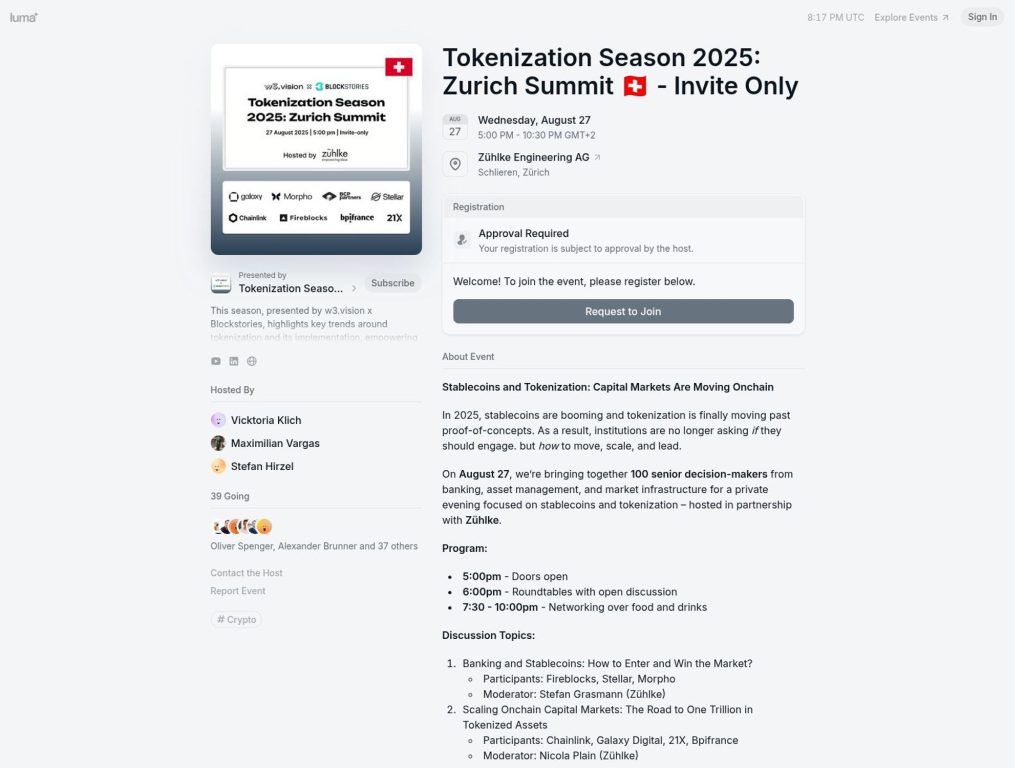 Tokenization Season 2025: Zurich Summit 🇨🇭 - Invite Only - Stablecoins and Tokenization: Capital Markets Are Moving Onchain - Event screenshot