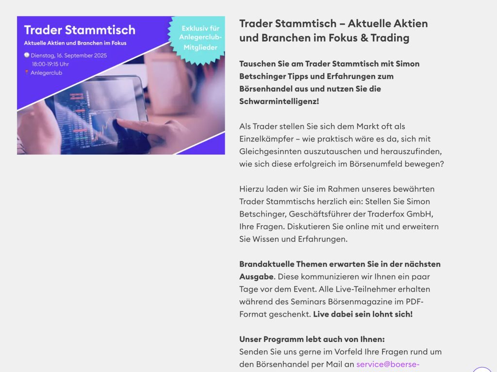 Trader Stammtisch - Aktuelle Aktien und Branchen im Fokus & Trading - Event screenshot
