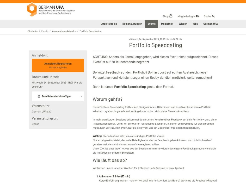 UX Portfolio Speeddating - Beim Portfolio Speeddating treffen sich Designer:innen, UXler:innen und Kreative, die an ihrem Portfolio arbeiten – egal ob du gerade erst anfängst oder schon stolz deine Cases präsentierst. - Event screenshot