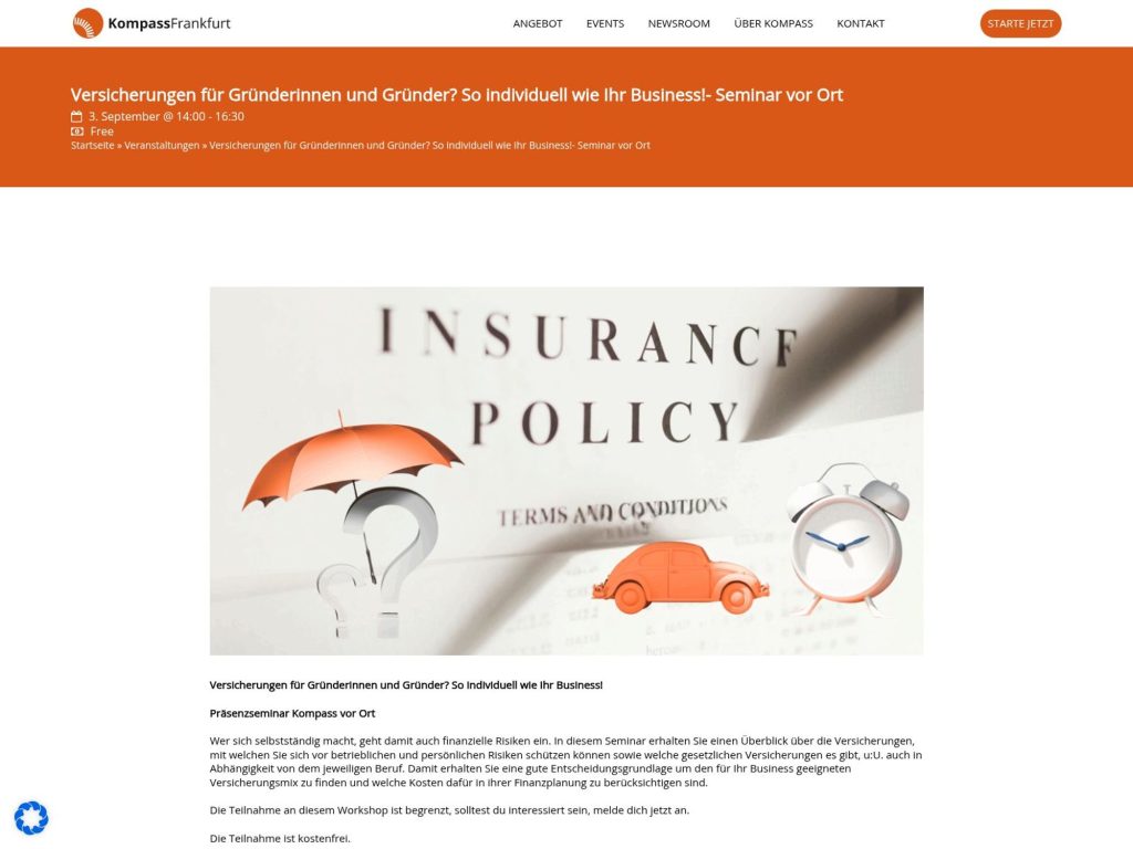 Versicherungen für Gründerinnen und Gründer? So individuell wie Ihr Business! - Seminar vor Ort - Event screenshot