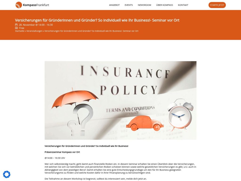 Versicherungen für Gründerinnen und Gründer? So individuell wie Ihr Business! - Seminar vor Ort - Event screenshot