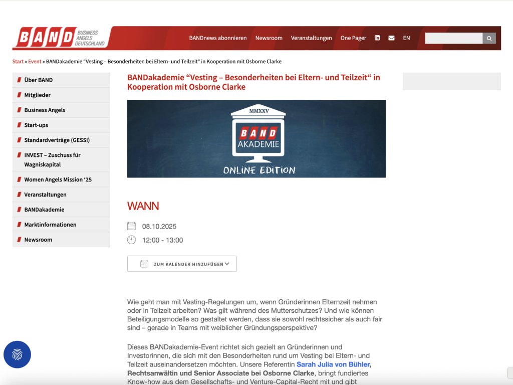 Vesting – Besonderheiten bei Eltern- und Teilzeit - Kooperation mit Osborne Clarke - Event screenshot