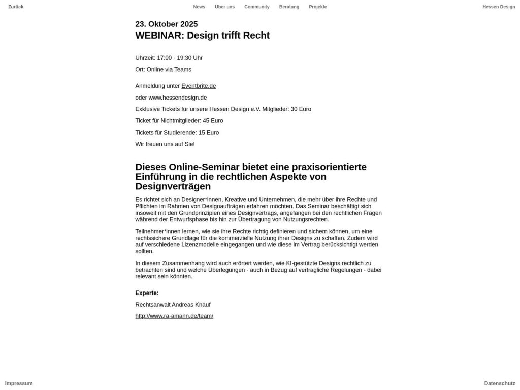 WEBINAR: Design trifft Recht - Dieses Online-Seminar bietet eine praxisorientierte Einführung in die rechtlichen Aspekte von Designverträgen - Event screenshot