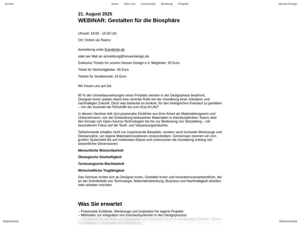 WEBINAR: Gestalten für die Biosphäre - Hessen Design lädt zur DesignFusion ein! - Event screenshot