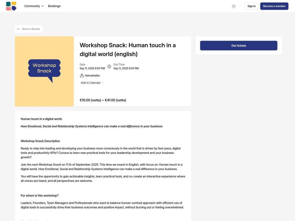 Workshop Snack: Human touch in a digital world - Human touch in a digital world: How Emotional, Social and Relationship Systems Intelligence can make a real difference in your business - Event screenshot