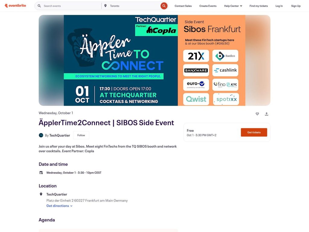 ÄpplerTime2Connect | SIBOS Side Event - Join us after your day at Sibos. Meet eight FinTechs from the TQ SIBOS booth and network over cocktails. Event Partner: Copla - Event screenshot