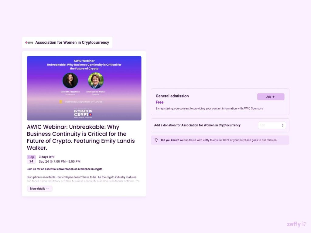 AWIC Webinar: Unbreakable: Why Business Continuity is Critical for the Future of Crypto. Featuring Emily Landis Walker. - Join us for an essential conversation on resilience in crypto. - Event screenshot