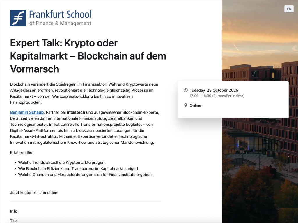 Expert Talk: Krypto oder Kapitalmarkt – Blockchain auf dem Vormarsch - Event screenshot