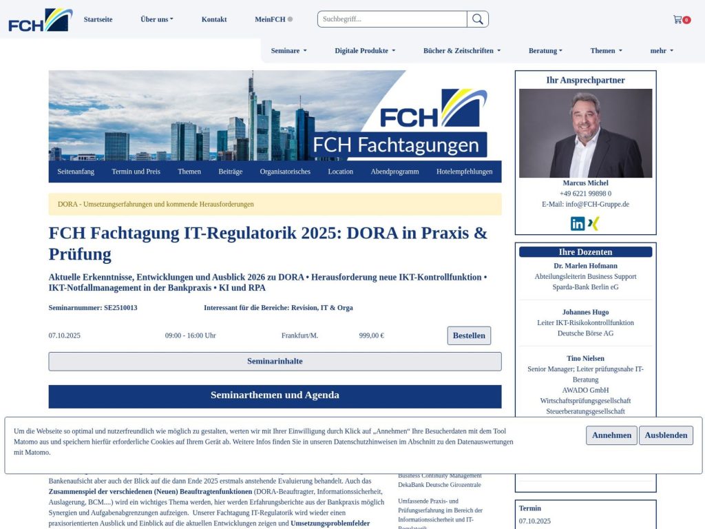 FCH Fachtagung IT-Regulatorik 2025: DORA in Praxis & Prüfung - Aktuelle Erkenntnisse, Entwicklungen und Ausblick 2026 zu DORA • Herausforderung neue IKT-Kontrollfunktion • IKT-Notfallmanagement in der Bankpraxis • KI und RPA - Event screenshot