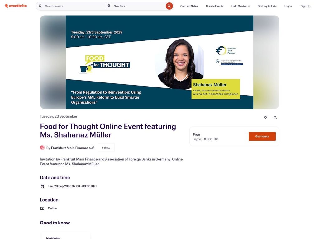 Food for Thought Online Event featuring Ms. Shahanaz Müller - From Regulation to Reinvention: Using Europe’s AML Reform to Build Smarter Organizations - Event screenshot
