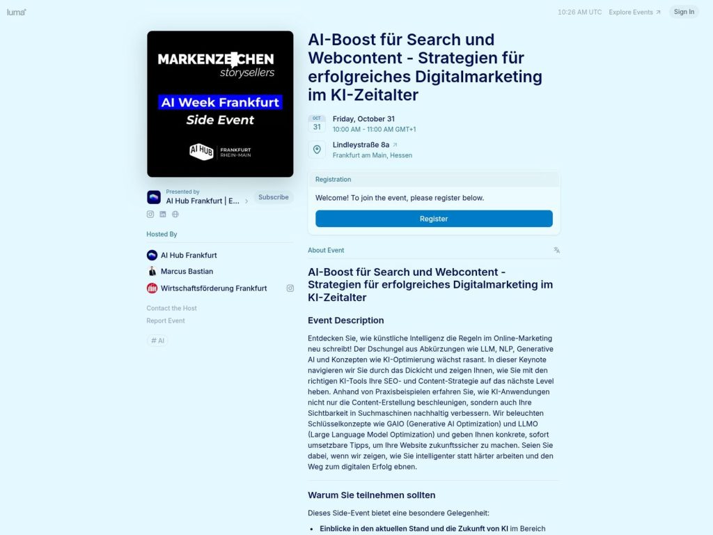 AI-Boost für Search und Webcontent - Strategien für erfolgreiches Digitalmarketing im KI-Zeitalter - Event screenshot