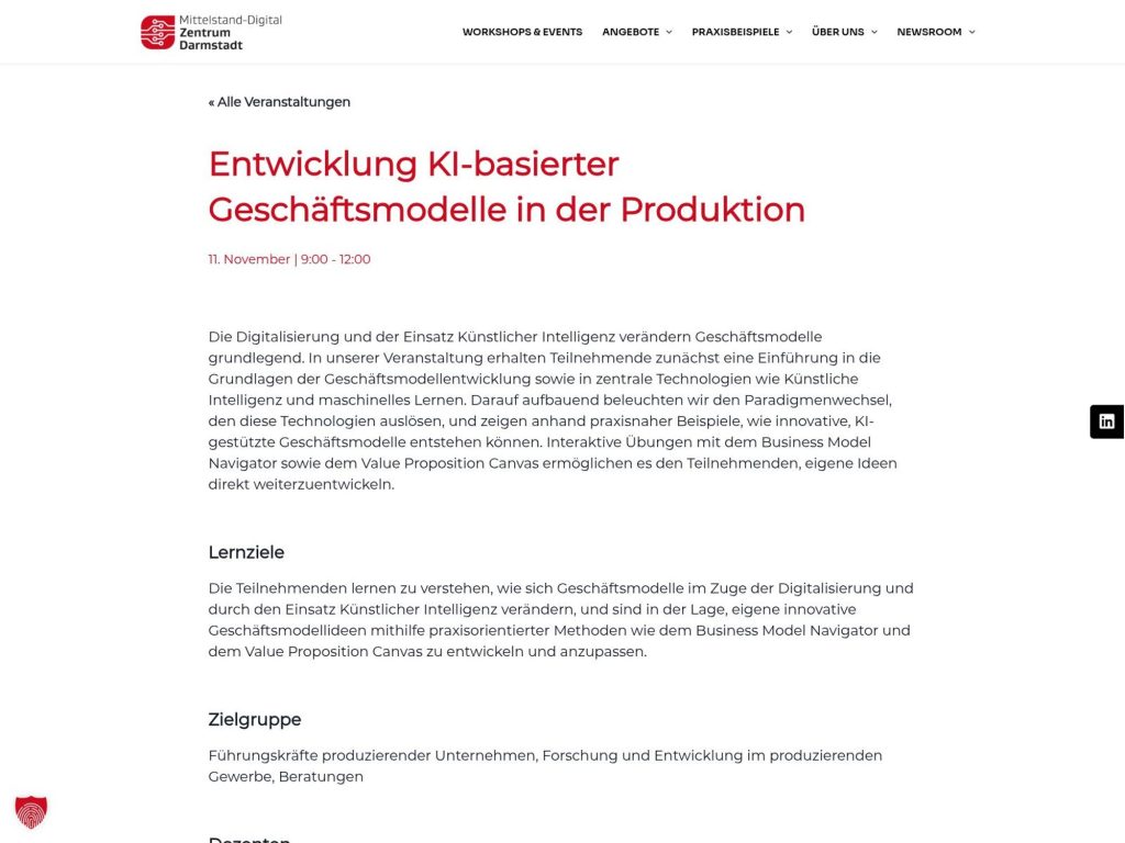 Entwicklung KI-basierter Geschäftsmodelle in der Produktion - Event screenshot
