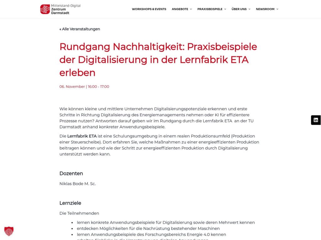 Rundgang Nachhaltigkeit - Praxisbeispiele der Digitalisierung in der Lernfabrik ETA erleben - Event screenshot