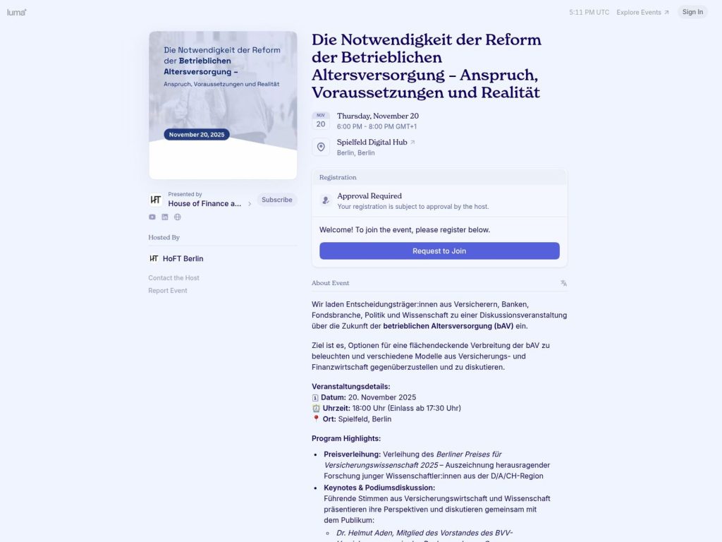 Die Notwendigkeit der Reform der Betrieblichen Altersversorgung – Anspruch, Voraussetzungen und Realität - Event screenshot