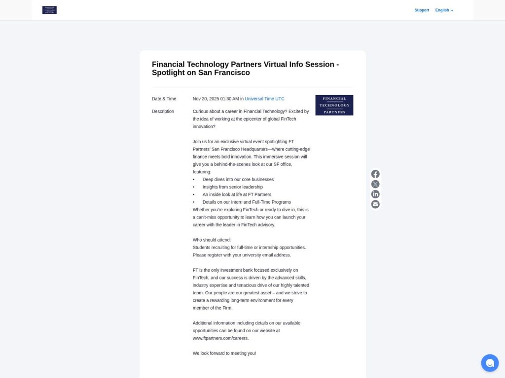 Financial Technology Partners Virtual Info Session - Spotlight on San Francisco - FT Partners Virtual Recruiting Event - Event screenshot