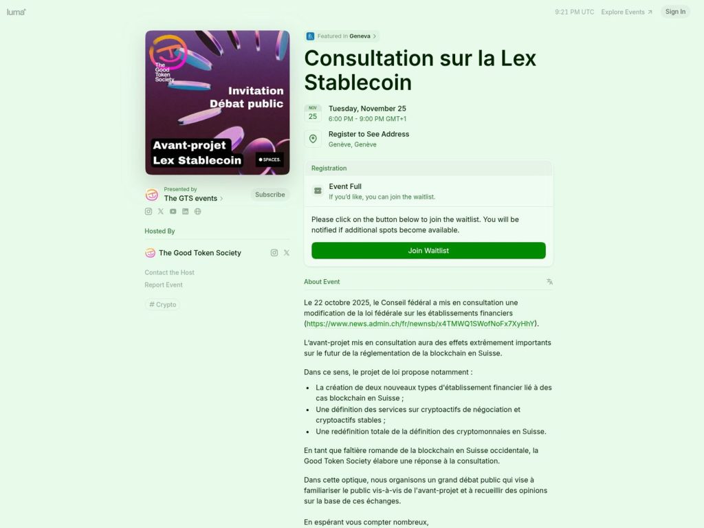 Public Consultation Debate – Swiss Crypto & Stablecoin Regulation - Event screenshot