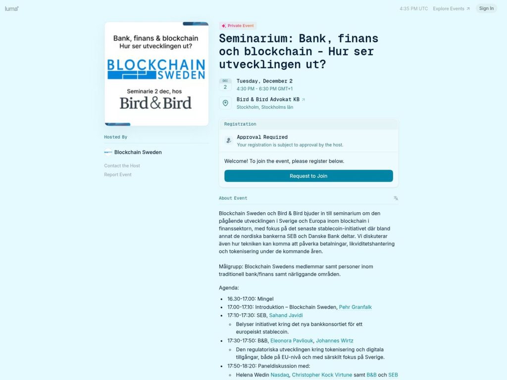 Seminarium: Bank, finans och blockchain - Hur ser utvecklingen ut? - Event screenshot