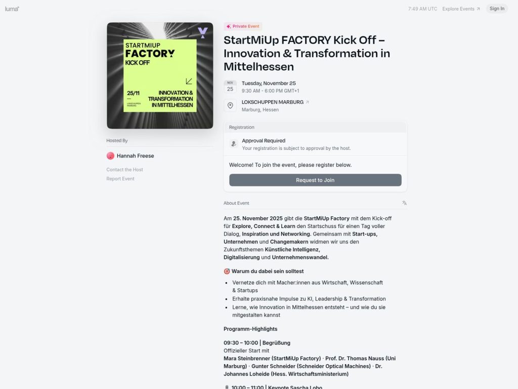 StartMiUp FACTORY Kick Off – Innovation & Transformation in Mittelhessen - Event screenshot