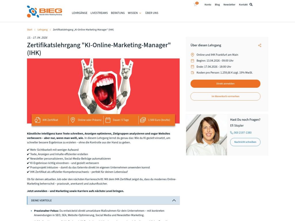 Zertifikatslehrgang "KI-Online-Marketing-Manager" (IHK) website