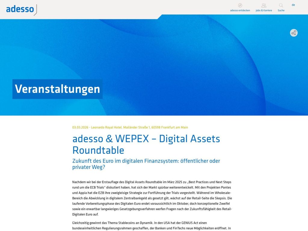 adesso & WEPEX – Digital Assets Roundtable website
