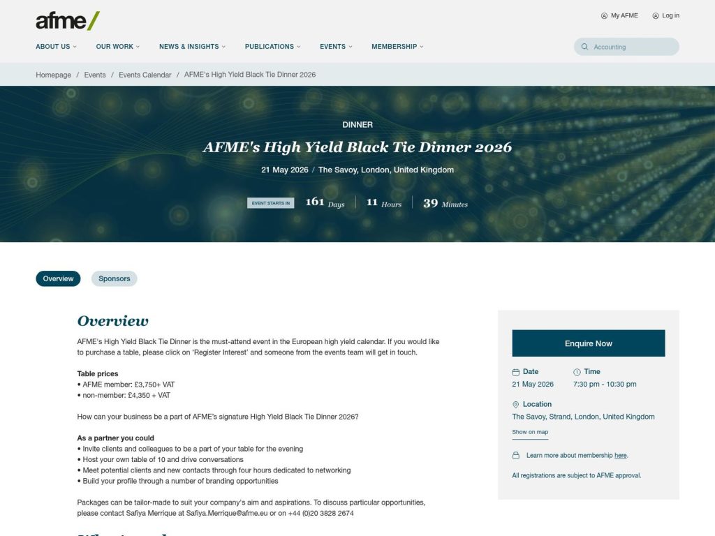 AFME’s High Yield Black Tie Dinner 2026 website