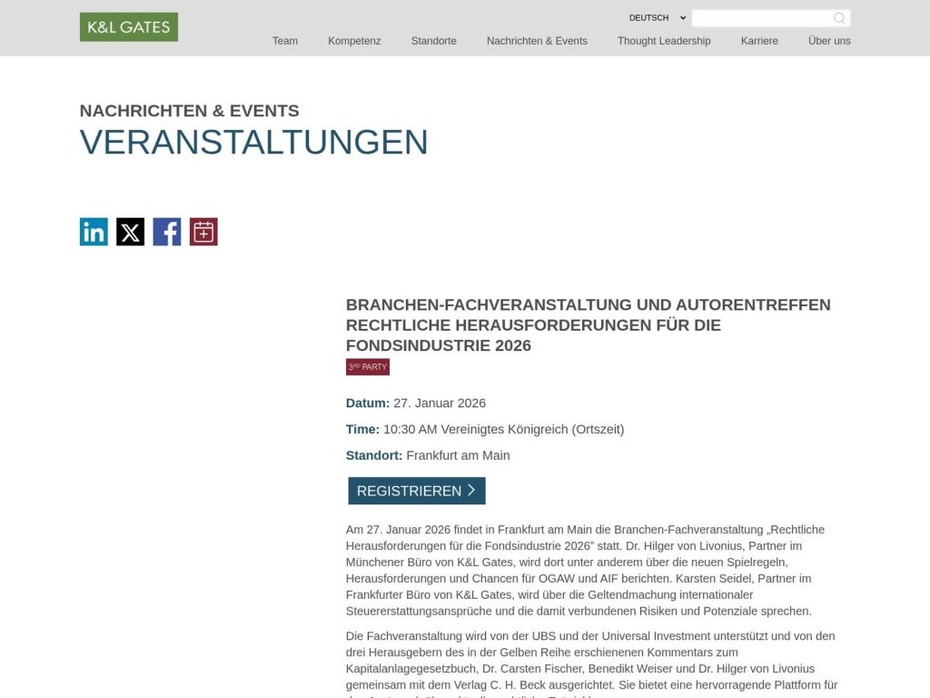 Branchen-Fachveranstaltung und Autorentreffen Rechtliche Herausforderungen für die Fondsindustrie 2026 image
