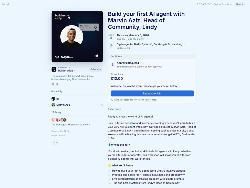 Build your first AI agent with Marvin Aziz, Head of Community, Lindy - Ready to enter the world of AI agents? - Event screenshot
