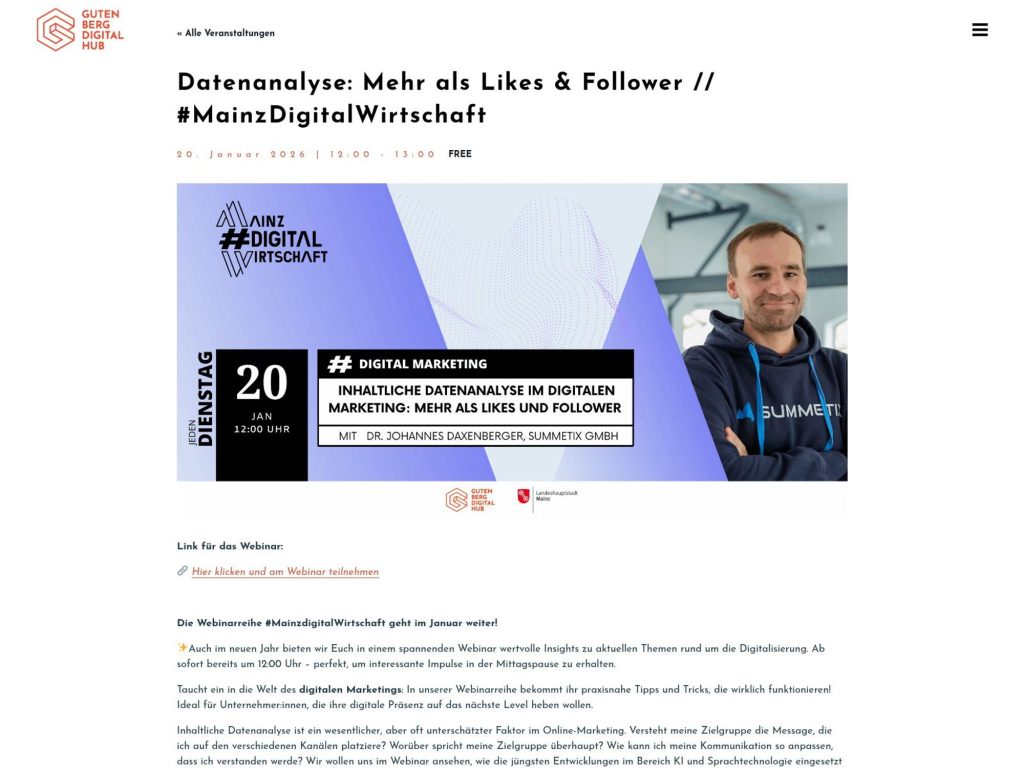 Datenanalyse: Mehr als Likes & Follower // #MainzDigitalWirtschaft - Die Webinarreihe #MainzdigitalWirtschaft geht im Januar weiter! - Event screenshot