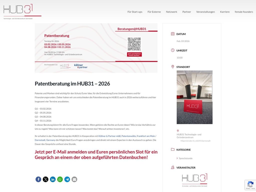 Patentberatung im HUB31 – 2026 website