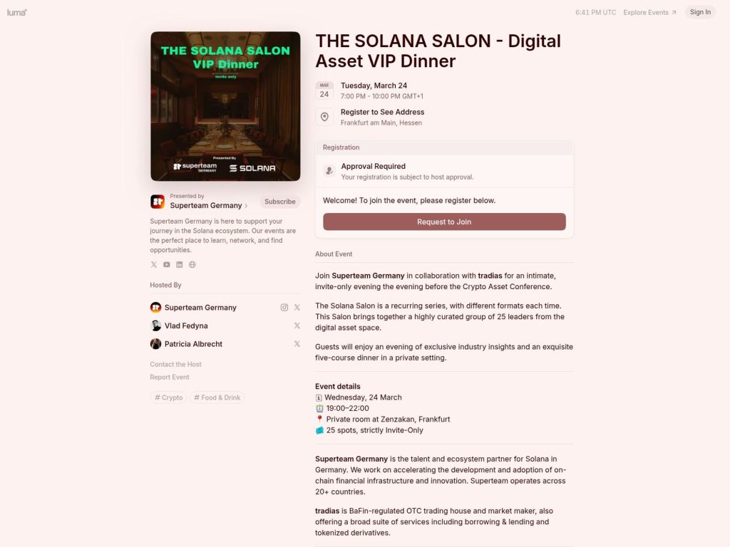 The Solana Salon - Digital Asset VIP Dinner website