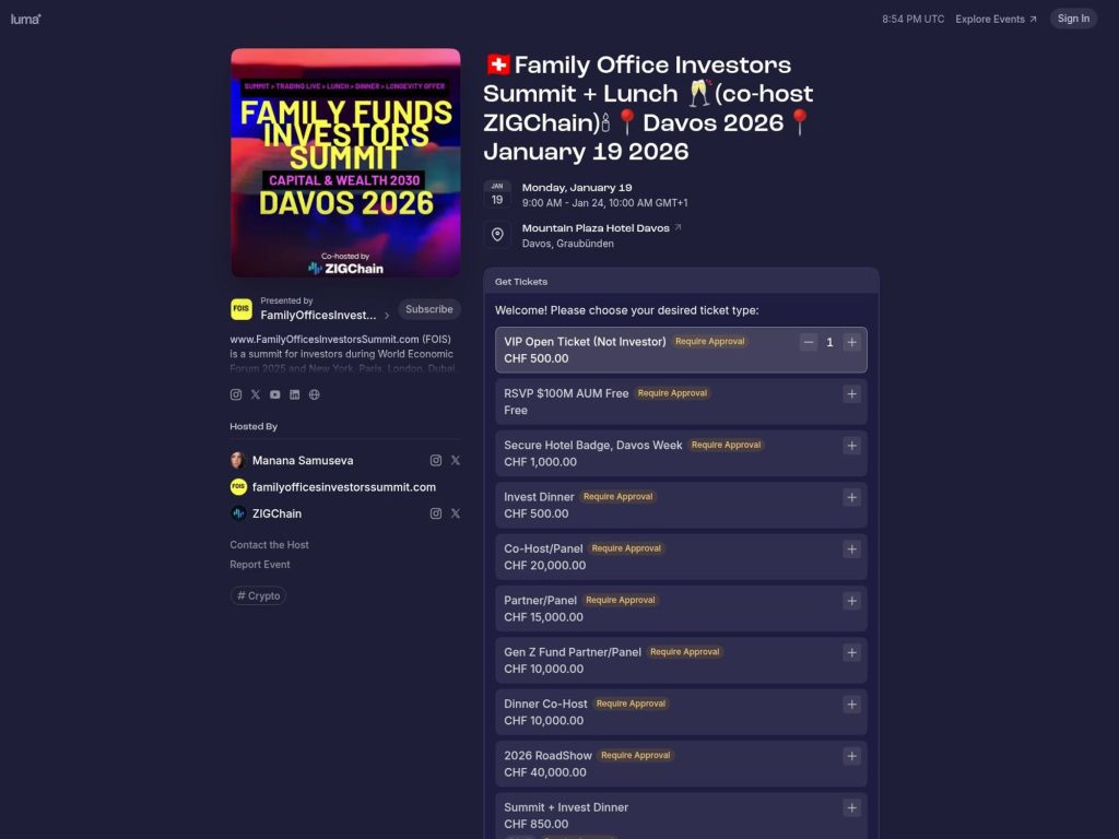 Crypto 🇨🇭Family Office Investors Summit + Lunch 🥂(co-host ZIGChain)🕯📍Davos 2026📍January 19 2026 - Event screenshot