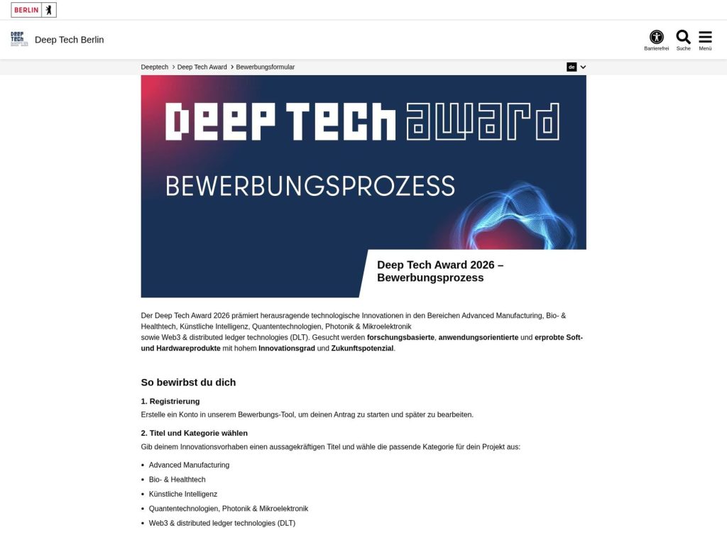 Deep Tech Award 2026 website