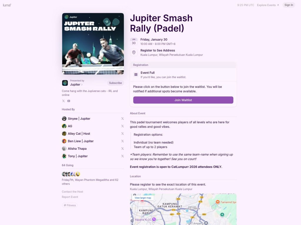 Jupiter Smash Rally (Padel) - CatLumpurr 2026 Side Event - Event screenshot
