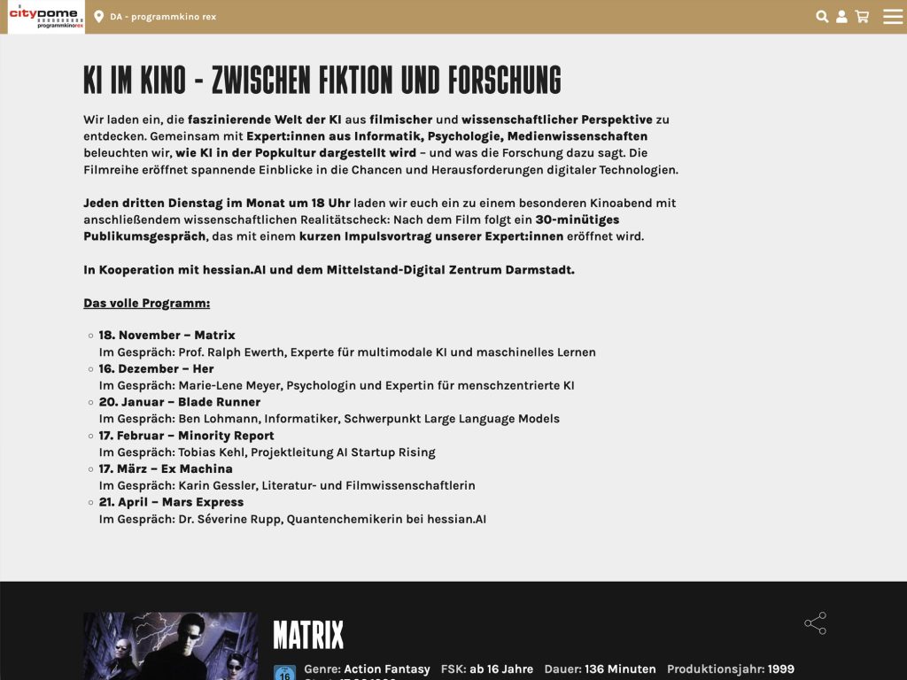 KI im Kino - Zwischen Fiktion und Forschung - Film: Matrix; Im Gespräch: Im Gespräch: Prof. Ralph Ewerth, Experte für multimodale KI und maschinelles Lernen - Event screenshot